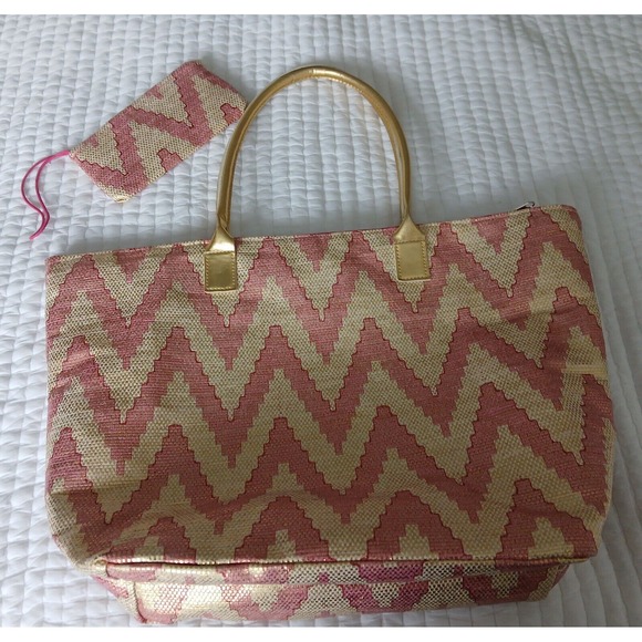 Pink And Gold Paper Straw Tote With Zip PouchNew Without Tags‎ - Picture 1 of 9
